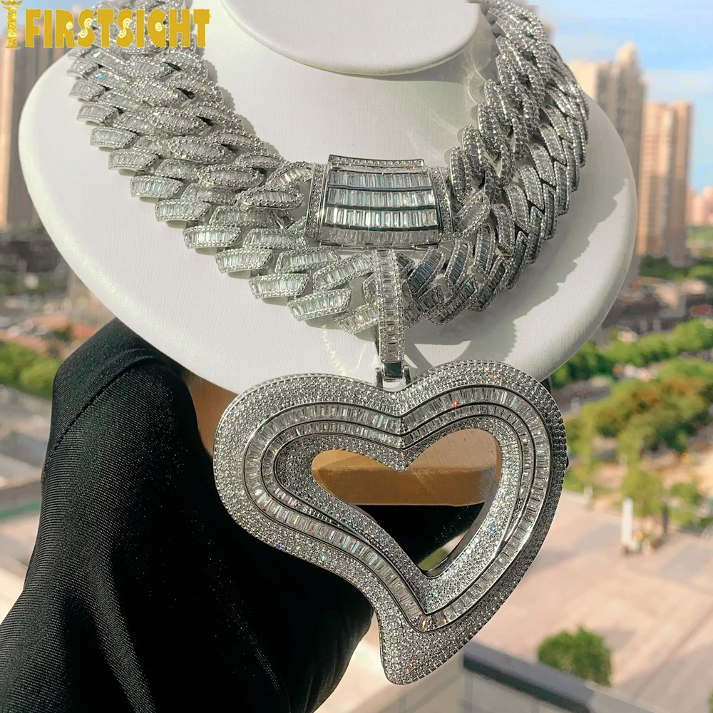 

New Iced Out Big Hollow Heart Pendant Necklace Bling Rectangle CZ Cubic Zirconia Tennis Chain Charm Women Men Hip Hop Jewelry