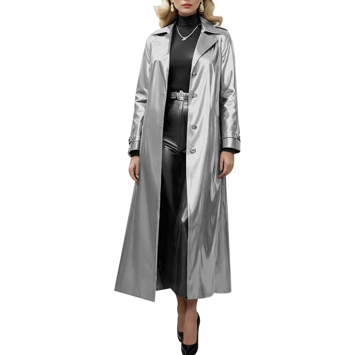 

Silver Sexy Long Latex Overcoat H-line Below The Knee Rubber Trench Coat Notched Lapels Single Breasted Straight Loose YF-0457
