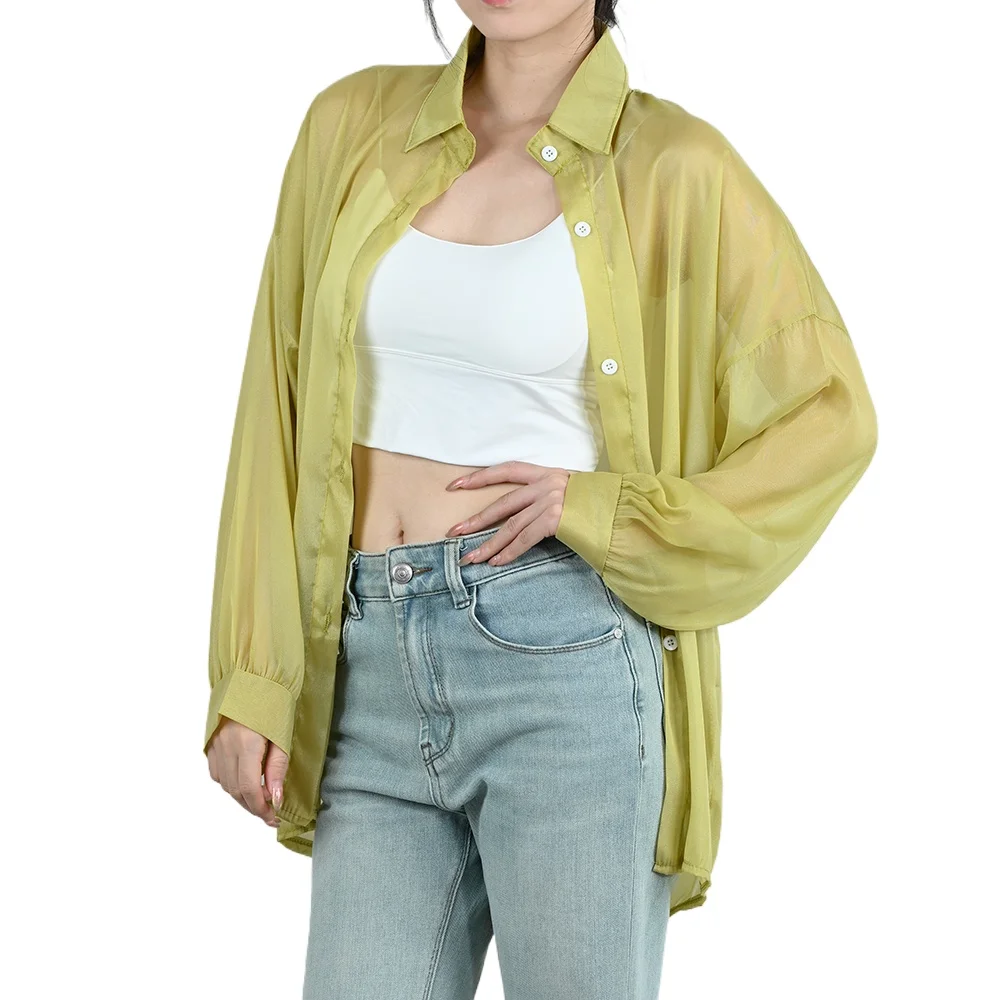 

1pc Women's Shirt Semi Transparent Button Lapel Collar Long-Sleeved Summer Sun Protective Casual Loose Women Fashion Top