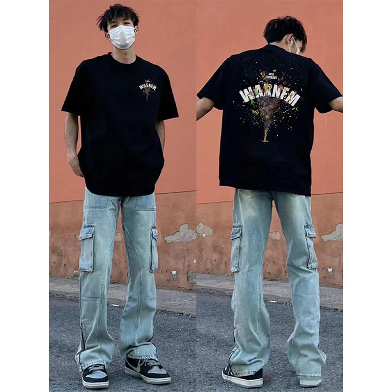 2026 Summer Colorful Splatter Champagne Graphic T-Shirt Men Cotton Loose Fit Streetwear Casual Tops For Daily Wear