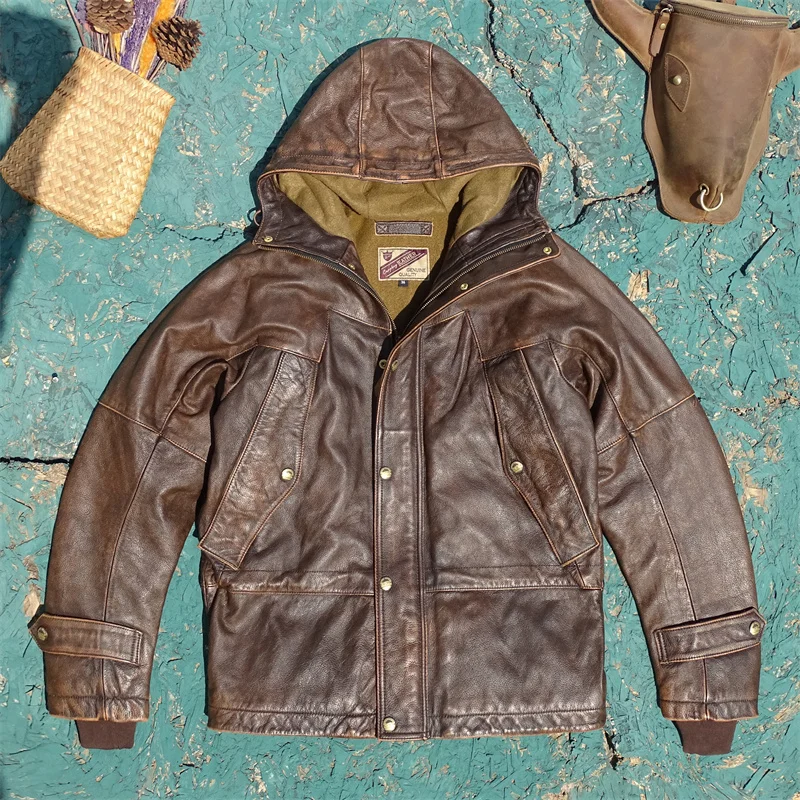 

Итальянская винтажная куртка с капюшоном, утепленная хлопком, с внутренним слоем из искусственного меха, верхний слой из натуральной воловьей кожи, для мужчин и женщин