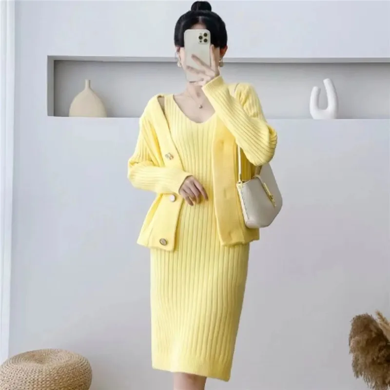 2024 Autumn Winter New Female V-Neck Knitted Cardigan Tops + Fashion Suspenders Sweater Dress Two Piece Set Women Outfits W136