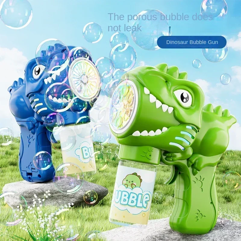 Máquina de bolhas de dinossauro com 6 buracos, pistola de bolhas totalmente automática com soprador de sabão automático leve, brinquedos de jogo ao ar livre