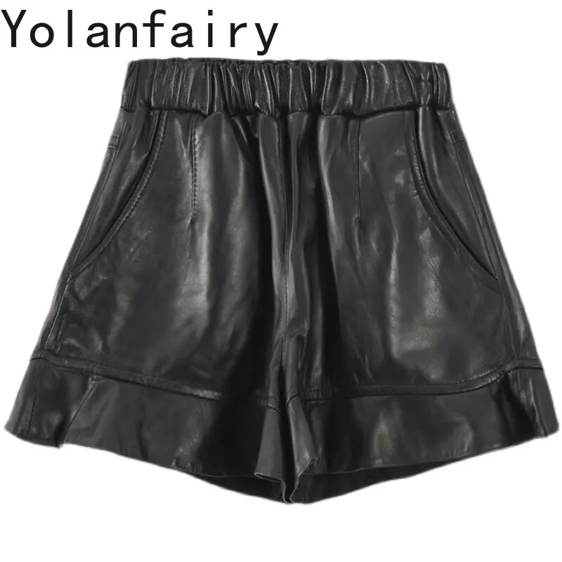 YOLANFAIRY 2026 Autumn Genuine Sheepskin Leather Shorts for Woman Elastic High Waist Wide Leg Shorts Slim Fit Black Boot Shorts
