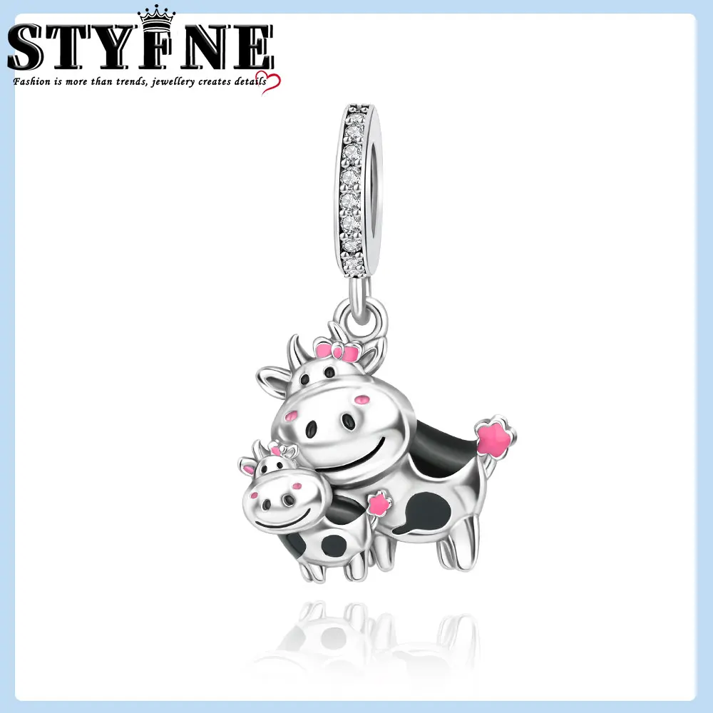 Unique 925 Sterling Silver Cute Mother And Child Cow Charm Fit DlY Bracelet Necklaces children's school cute jewelry accessories