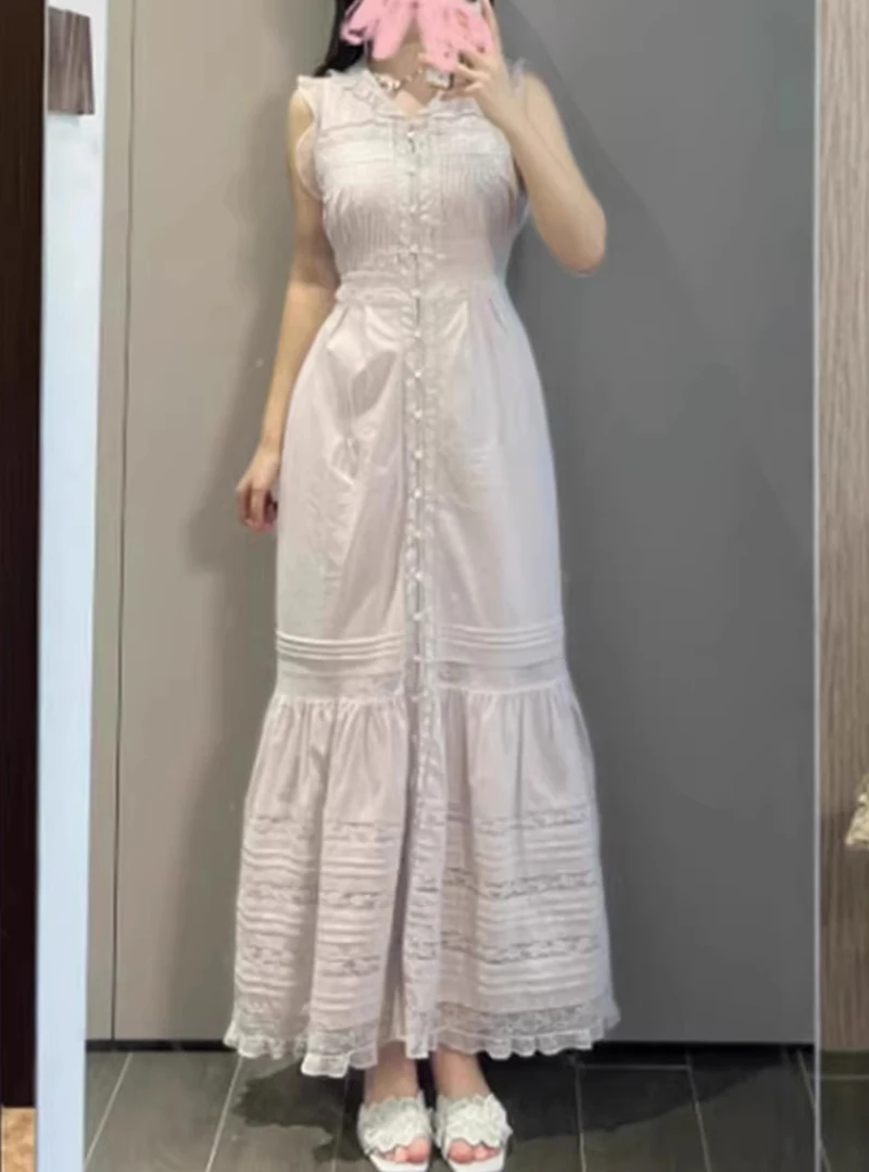 

Sweet Lace Trim Layered Skirt Dress Fairy Tale Style Spring Summer New Arrival Casual A-Line Silhouette No-Sleeve Single Button