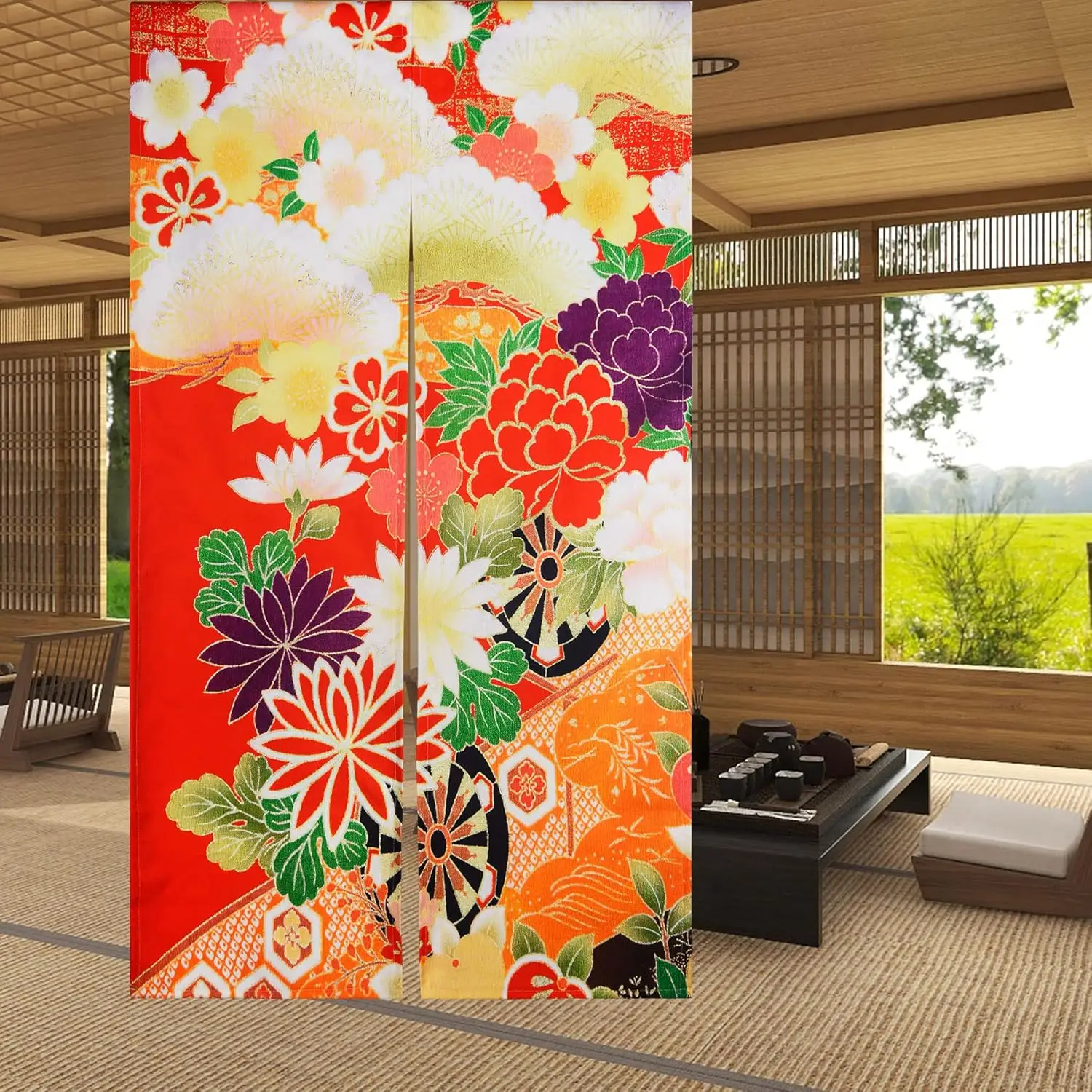 Japanese Noren Door Curtain - Chrysanthemum & Sakura Floral Print, Polyester Room Divider for Tea Room & Home Privacy Decor