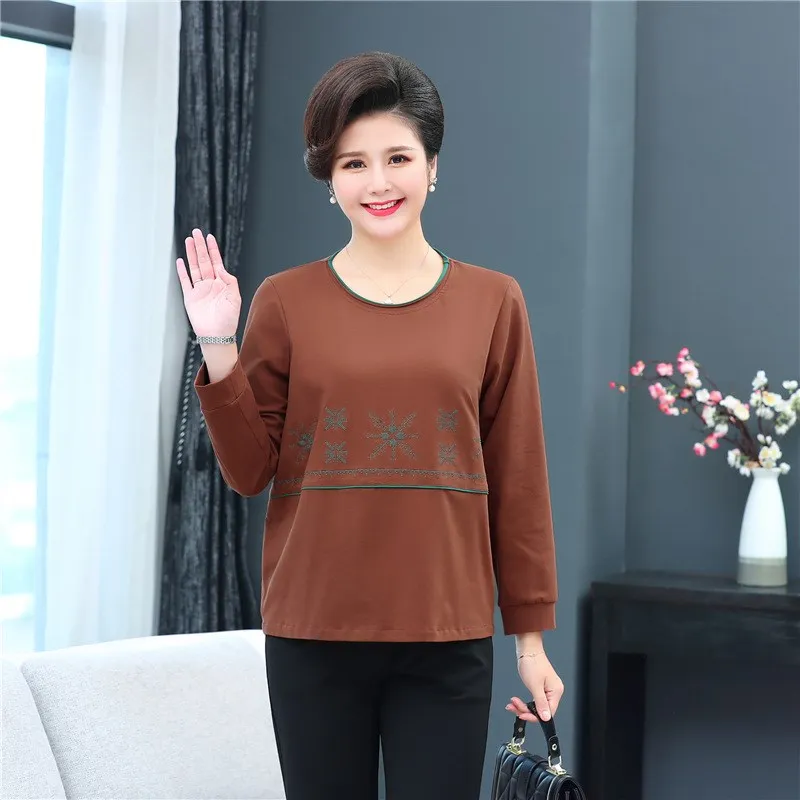 

plus Size Women's Long Sve T-irt Embroidered Base Layer irt Spring Autumn Faionable Mom Clothes Ethnic Wear