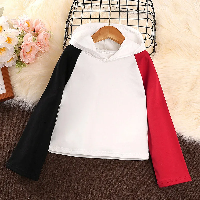 

Spring/Fall Hooded T-Shirt with Contrast Long Sleeve Panel White T-Shirt Daily Sports Trend Japanese Korean