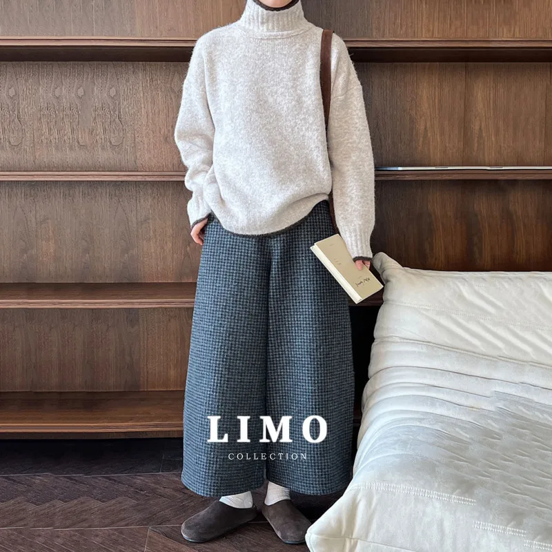 

LIMO 80% шерсть восьмиточечные широкие брюки женские клетчатые шерстяные брюки с девятью точками утолщенные костюмные брюки зимние