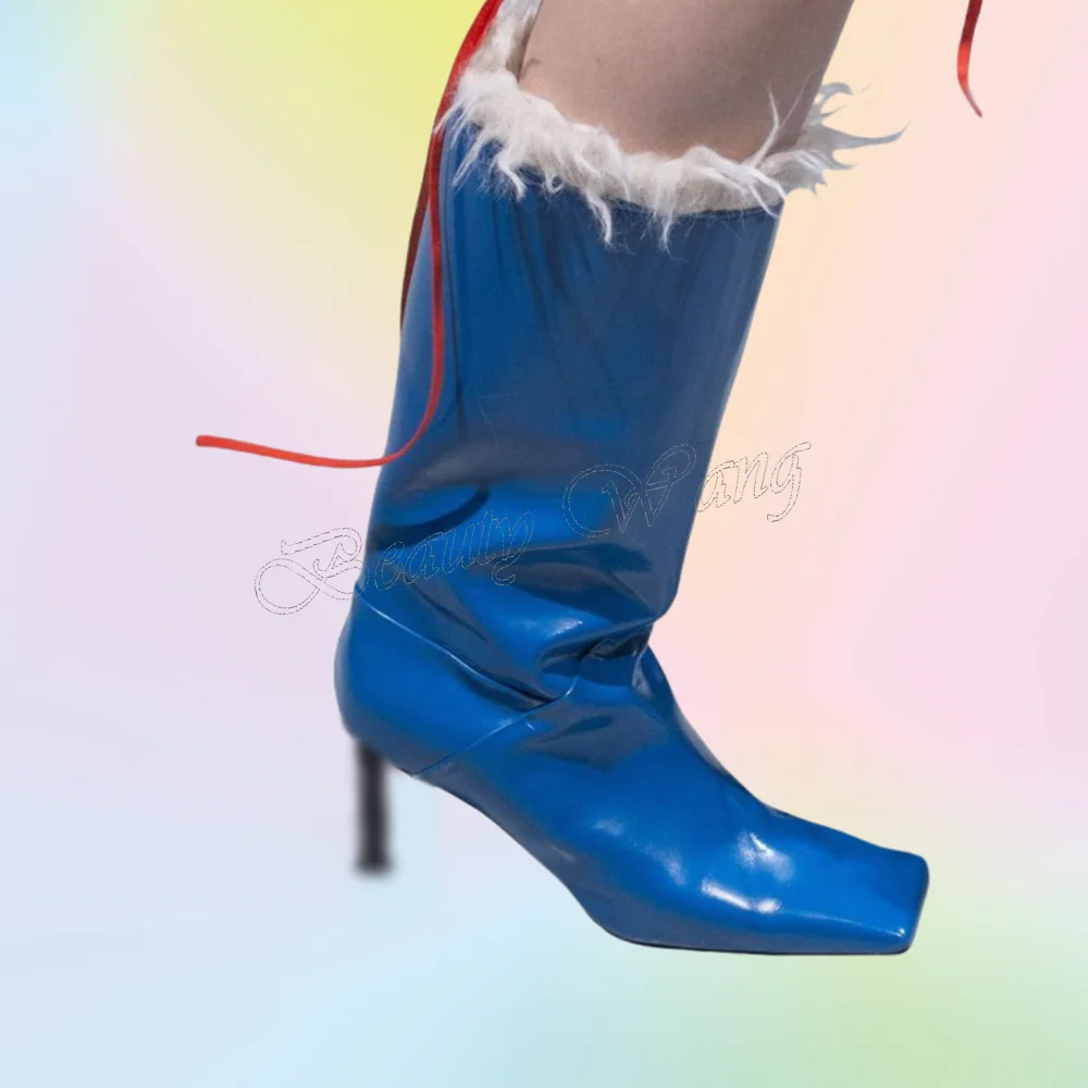 

Blue Fur Decor Short Boots Square Toe Pu Leather Heels Thin High Shoes for Women Open Toe Wedding Shoes 2025 Zapatillas Mujer
