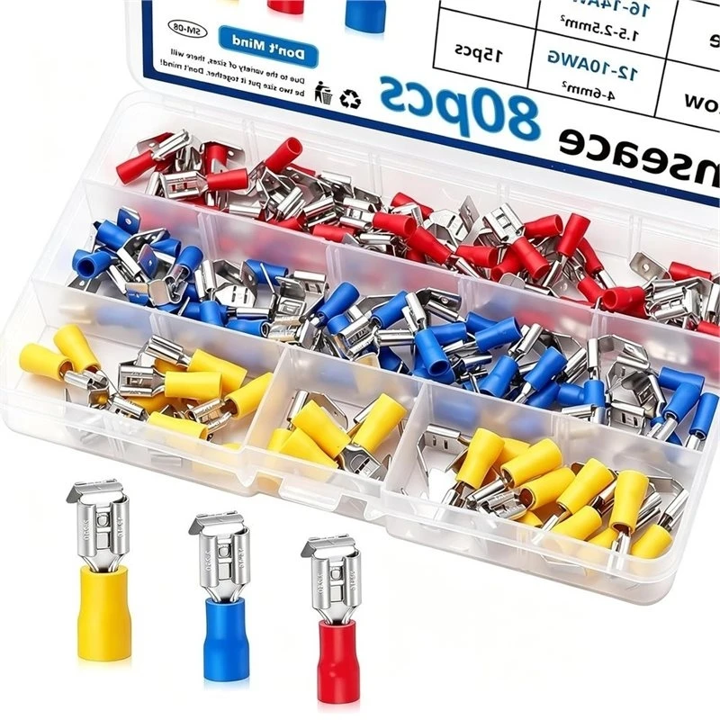 T21C Semi-Insulated Quick Disconnect Piggybag Spade Connectors, 80Pcs Assortment Kit Piggyback