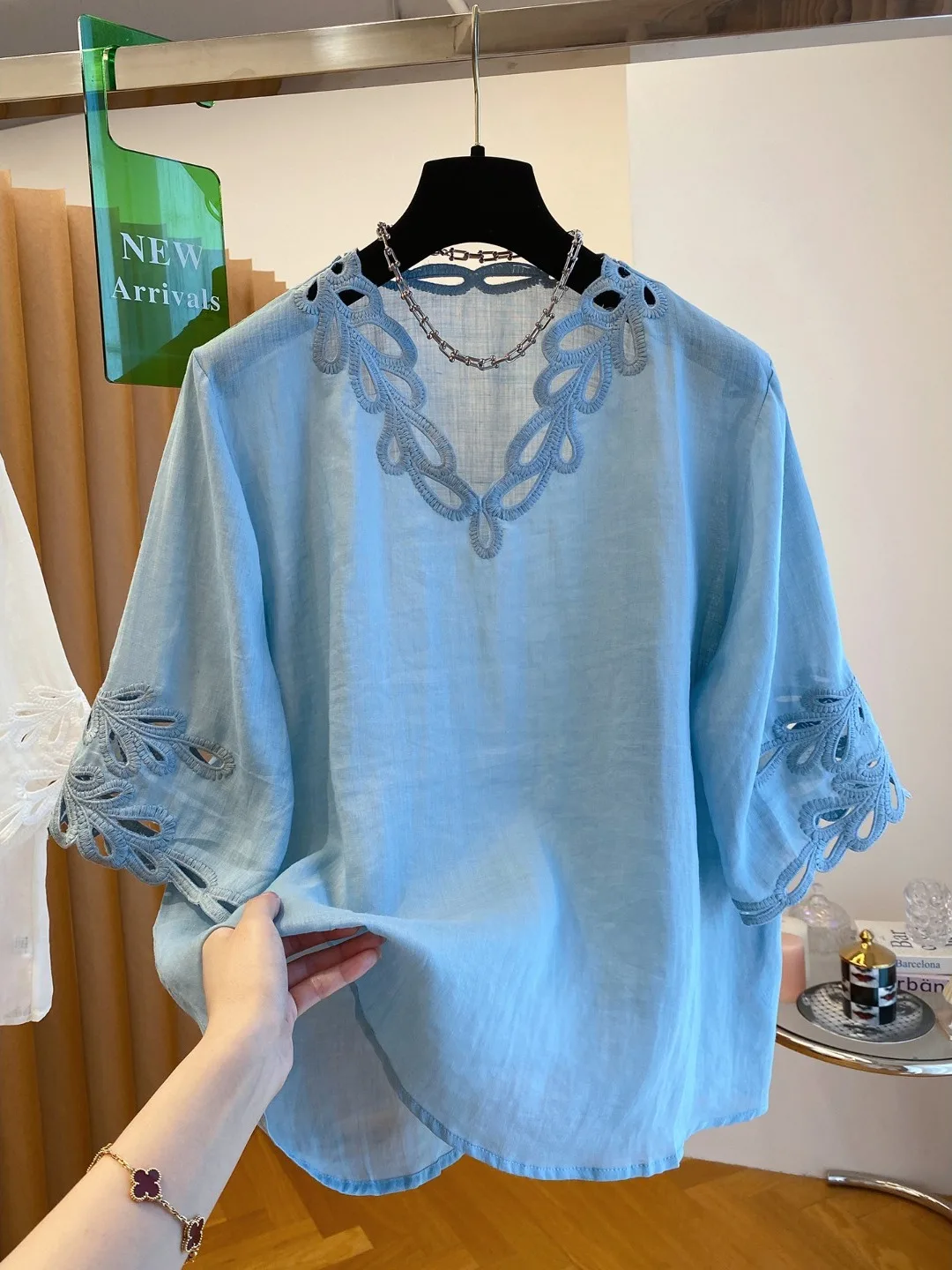 Csa de Lino Hoada Única para Mujer, Manga Corta, Azul, Moderna, Top Pequeño, Corte Recto Vintage, Largo Regular, Color S...