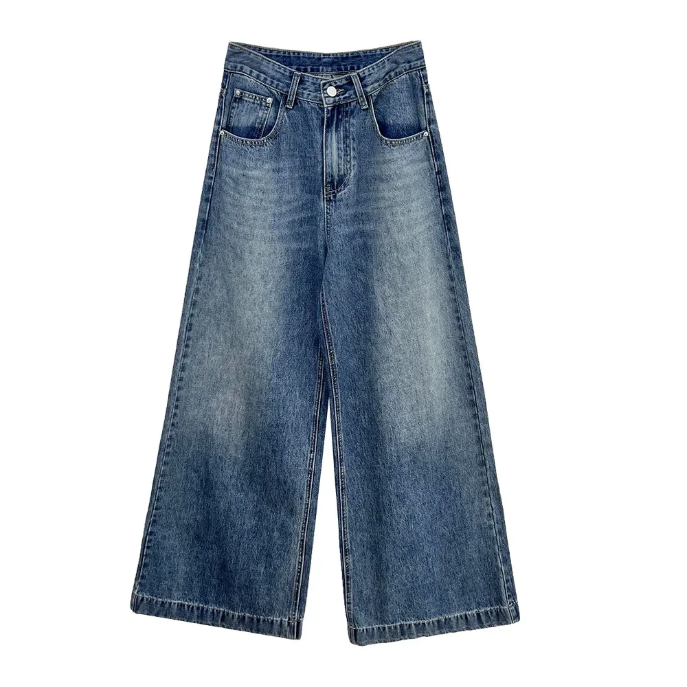 

Denim Wide Leg Pants High Waist Loose Fit Women Vintage Jeans Pockets Distressed Trousers 2025 Autumn Casual Floor Length Jean