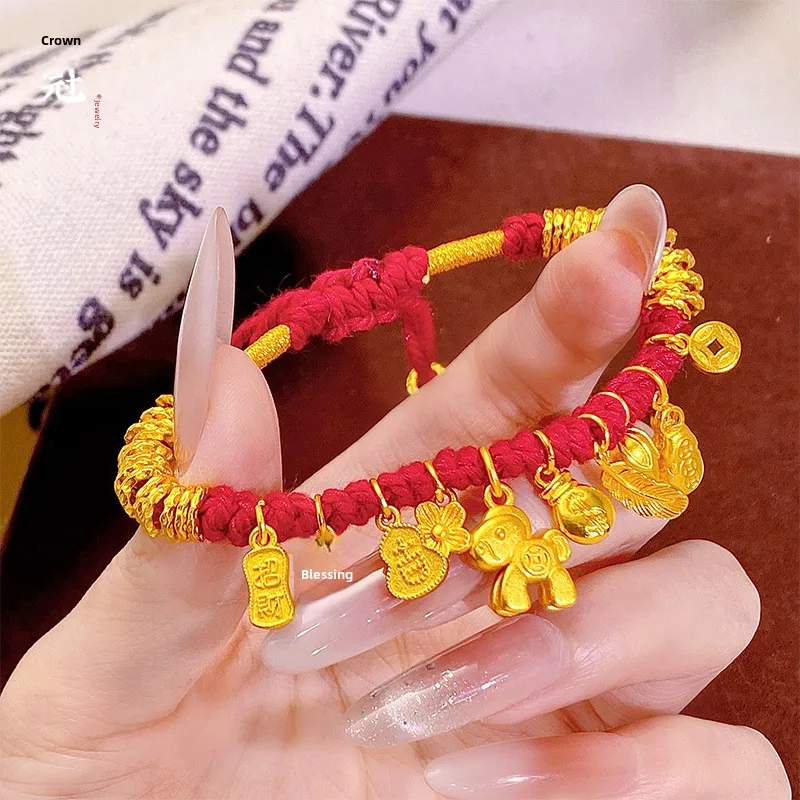 24k Gold Plated Chinese Feng Shui Lucky Red String Bracelet Wealth Attracting Charms Adjustable Blessing Bracelet For Women Zodi