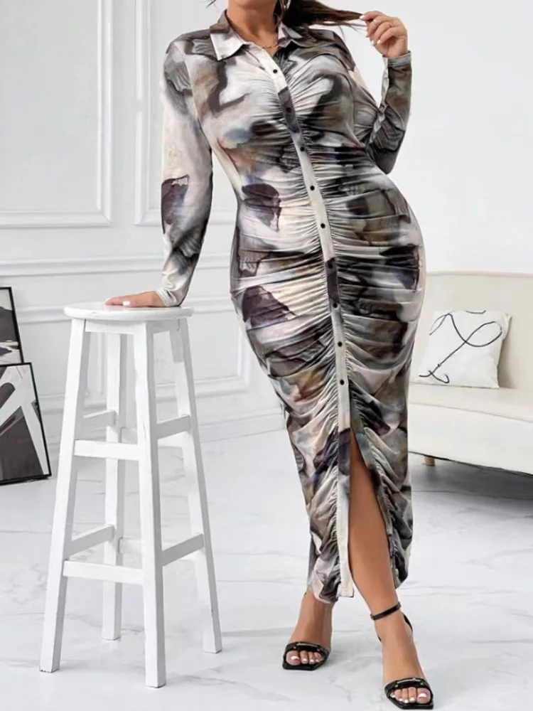 GIBSIE Plus Size Tie Dye Print Ruched Bodycon Maxi Dress Women Autumn New Fashion Long Sleeve Street Party Slit Long Dress