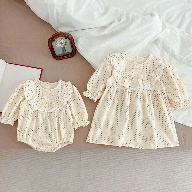 2024 New Autumn 2-6Yrs Girl Party Dress Kids Princess Dresses Long Sleeved Cotton  Dot Print Baby Girl Romper Sister Dress