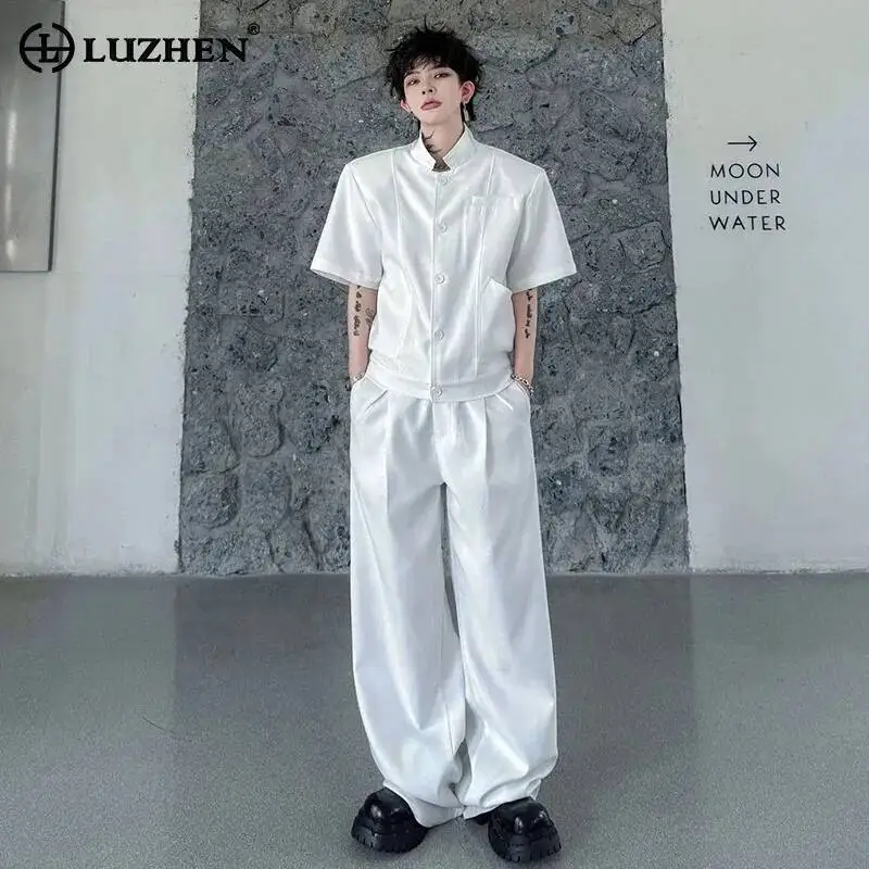 

LUZHEN 2026 Summer Solid Color Elegant Two-piece Sets Men's Fashion Short Sleeve Stand Neck Shirts Straight Casual Pants JY6843