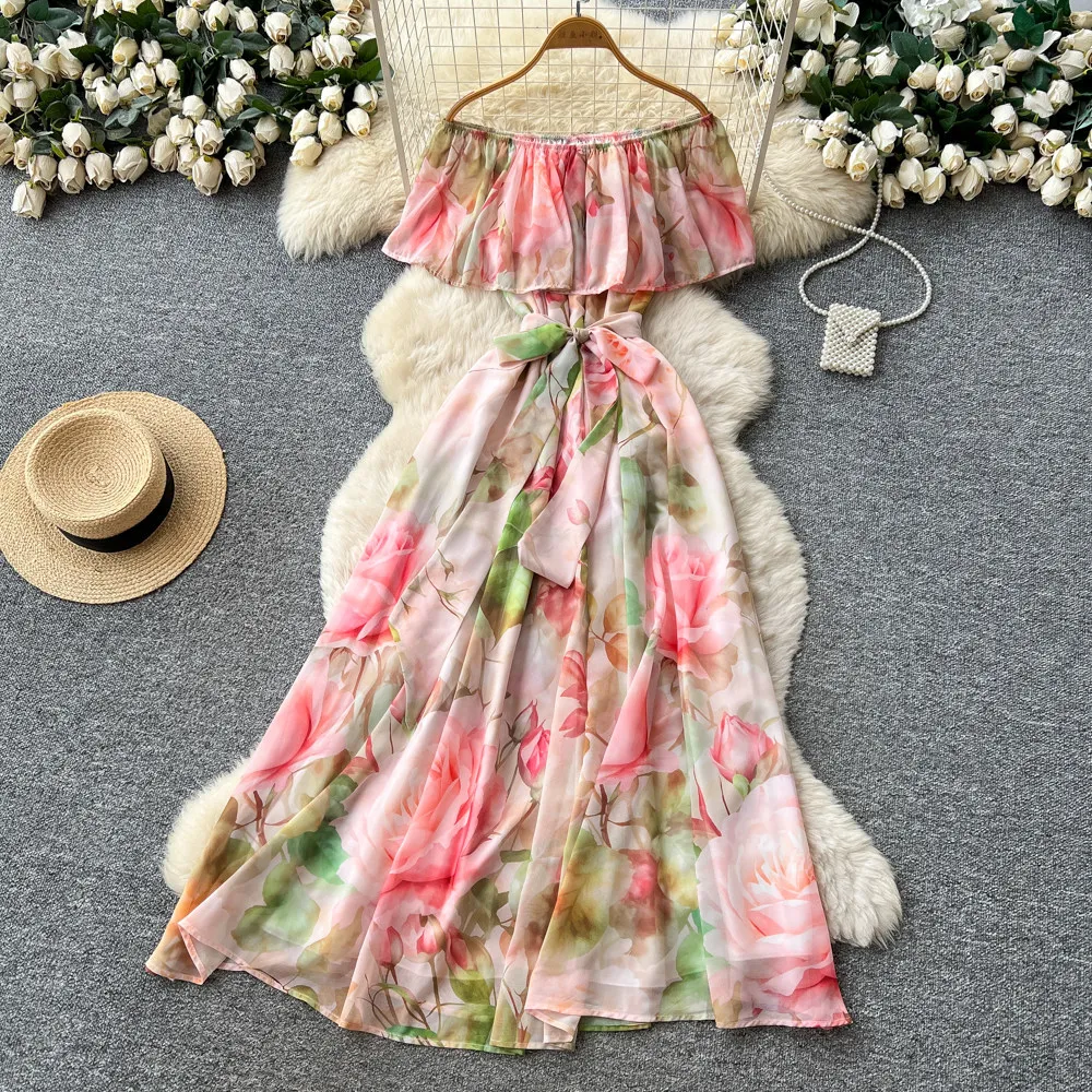 

Women Long Dress Print Dresses A Line Vestidos Off Shoulder Ruffles Y2k Streetwear Tight Waist Elegant Party Night Work 2026