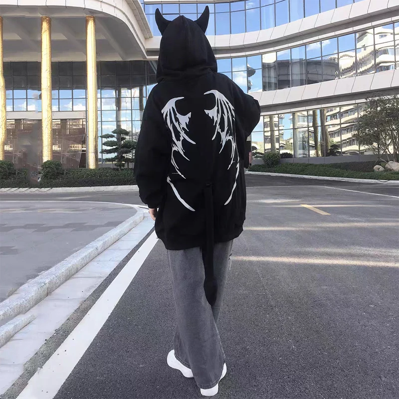 2024 Autumn Harajuku Hoodies Women Gothic Devil Horn Hooded Sweatshirt Halloween Cos Clothes Detachable Tail Zip-Up Outwear