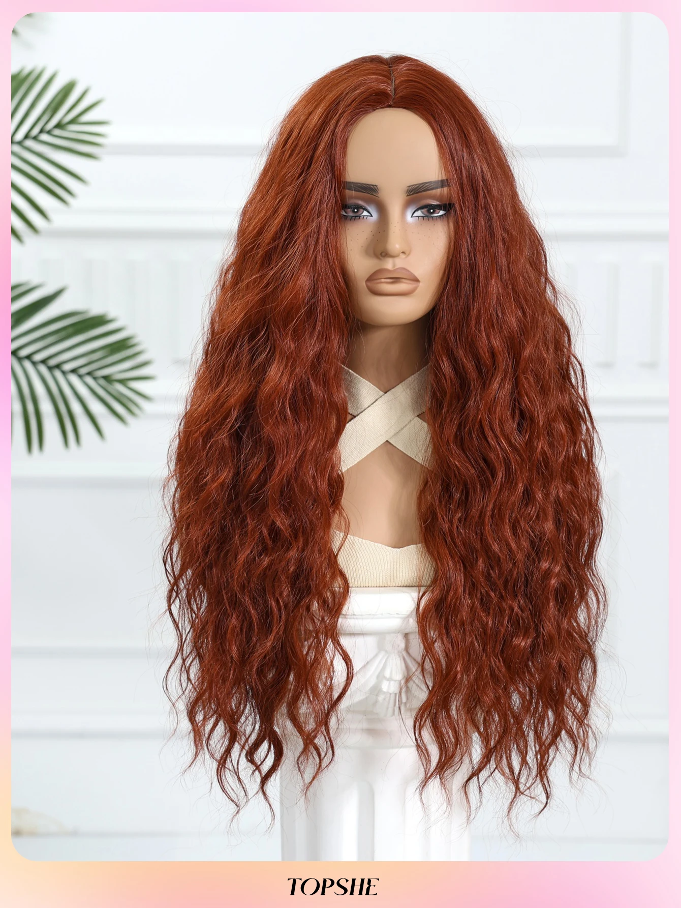 TopShe 28 inch Long Wave Wig Auburn Synthetic Wig for Woman Ginger Red Heat Resistant Fiber Rust Red Curly Wig for Girls Middle Part Style Suitable for Halloween Cosplay Costume Party