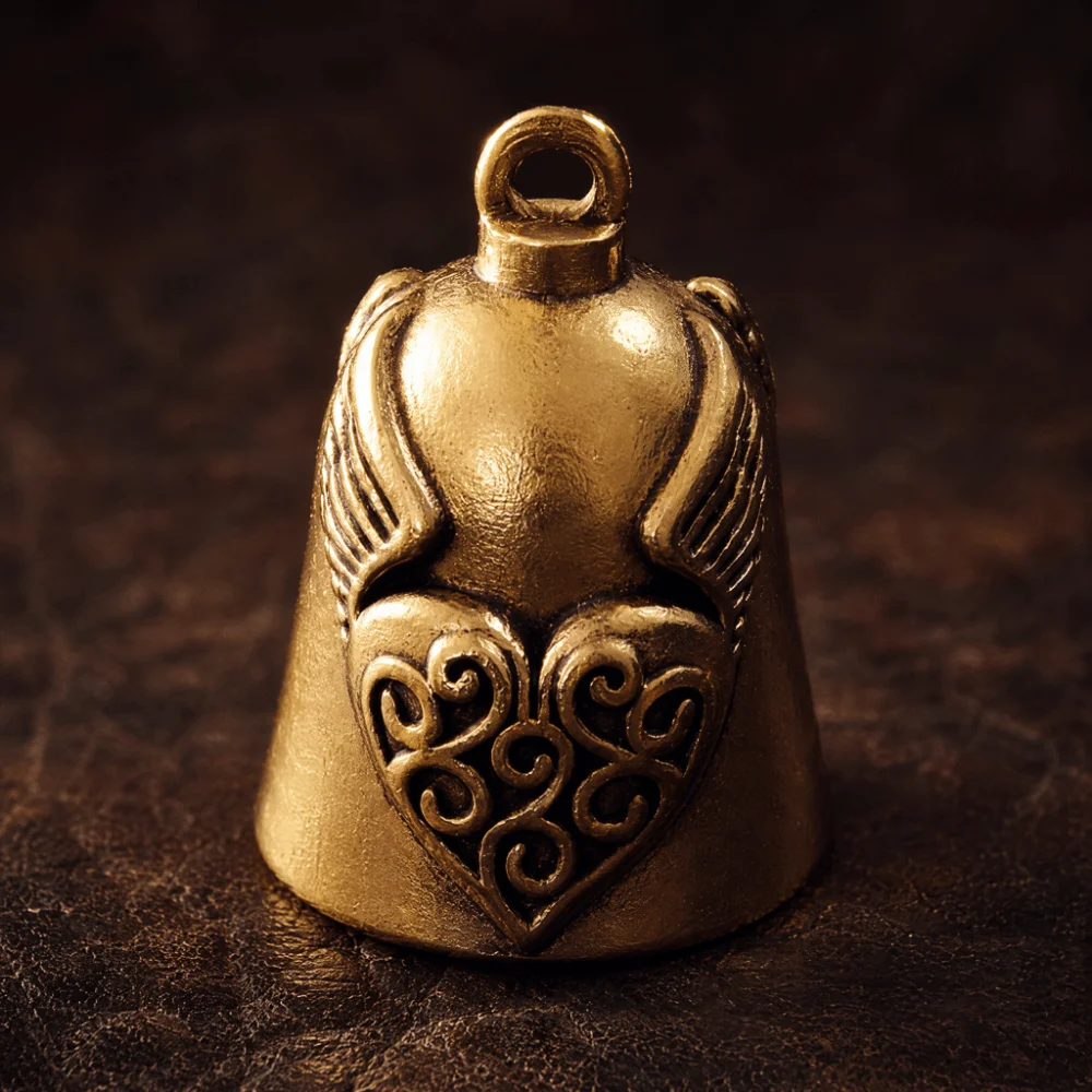 Raised Cross Heart Shape Bell Pendant Antique-Style Angel Wing Motorcycle Guardian Bell Compact Grooved Evil Spirit Trap Bell