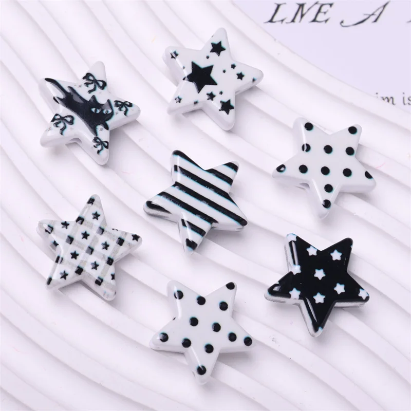 Newest 100pcs/lot black dots cats stripes pattern print cartoon stars shape resin straight hole beads diy jewelry accessory