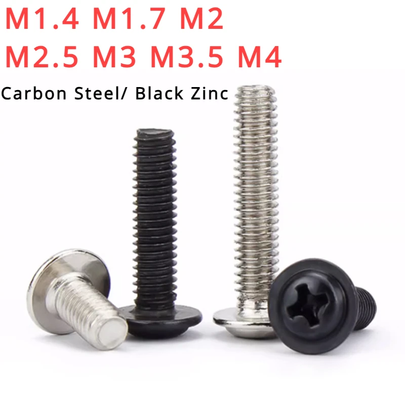 Tornillos de cabeza redonda PWM Phillips con arandelas, tornillo de cabeza redonda de Zinc negro niquelado, m1.4, M1.7, M2, M2.5, M3, M3.5, M4