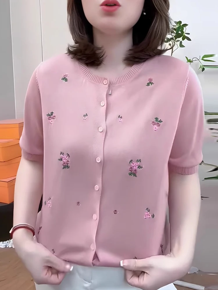 

Sweet Embroidered Flower Design Ice Silk Knitted ort Sve Open Cardigan Women's Summer Single Button Outerwear Top