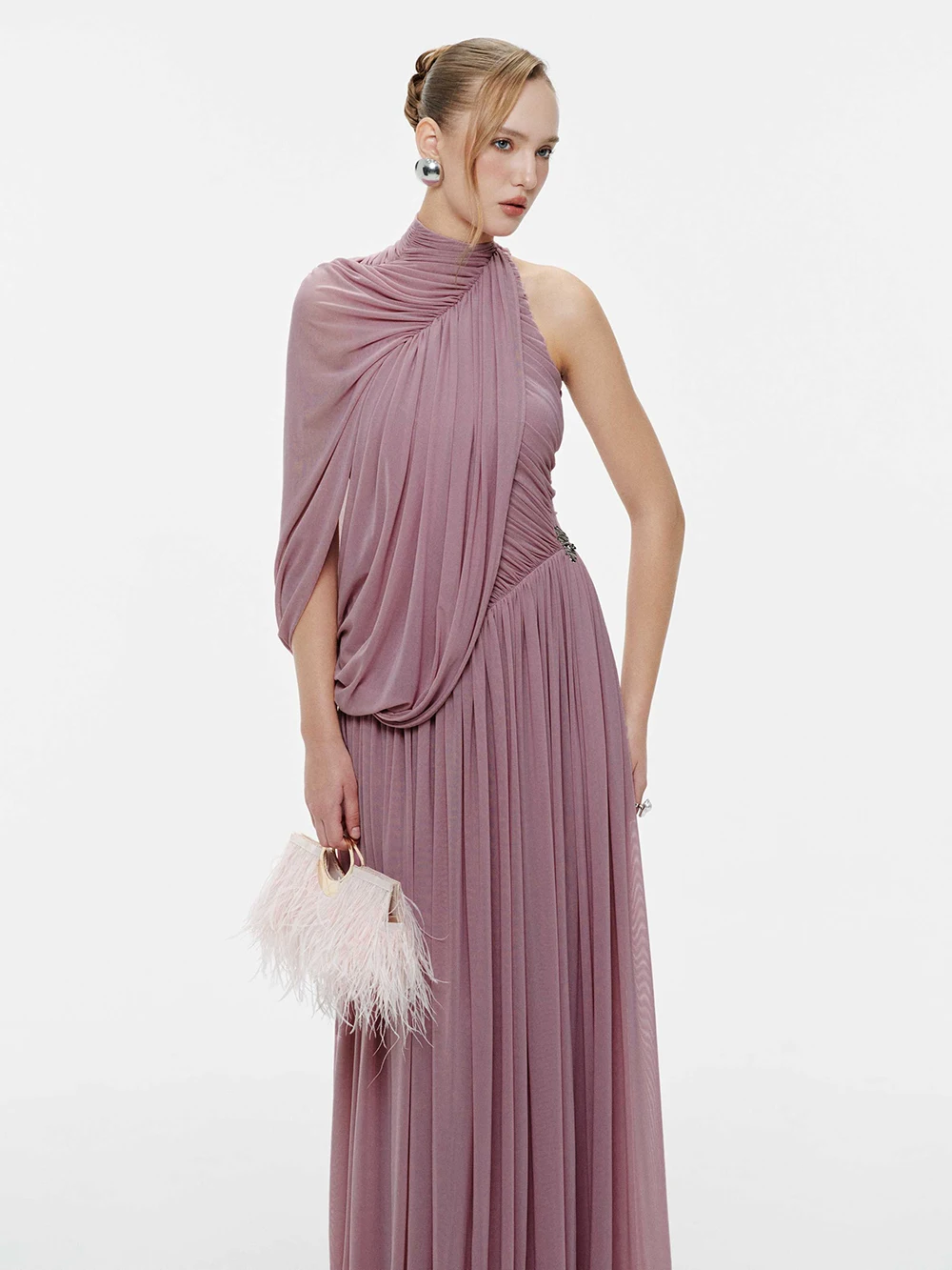 Modphy High Quality 2026 Women Ruched Spliced Maxi Dress Draped Sleeve High Neck Bodycon Formal Evening Party Gown