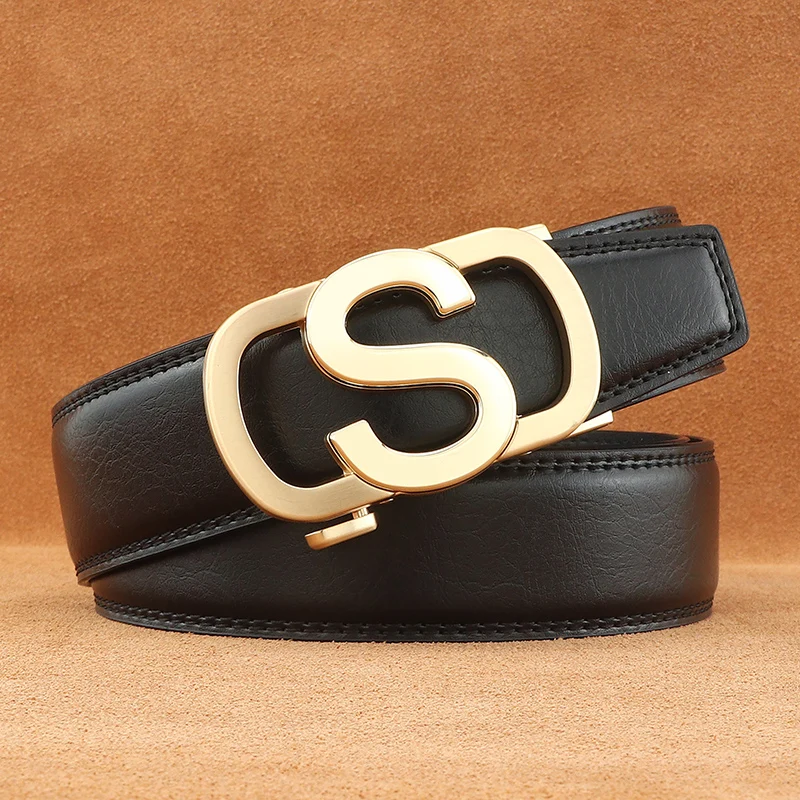 

High quality letter S Automatic Buckle men belt luxury designer genuine leather gray 3.5cm wide male formal casual waist strap
