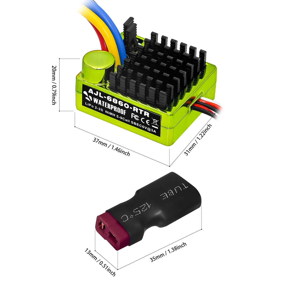 ตัวควบคุมความเร็วแบบมีแปรงถ่าน 2S LiPo กันน้ำ สำหรับรถบังคับวิทยุขนาด 1/10 และเรือบังคับวิทยุ ใช้ได้กับมอเตอร์ 540/550/750