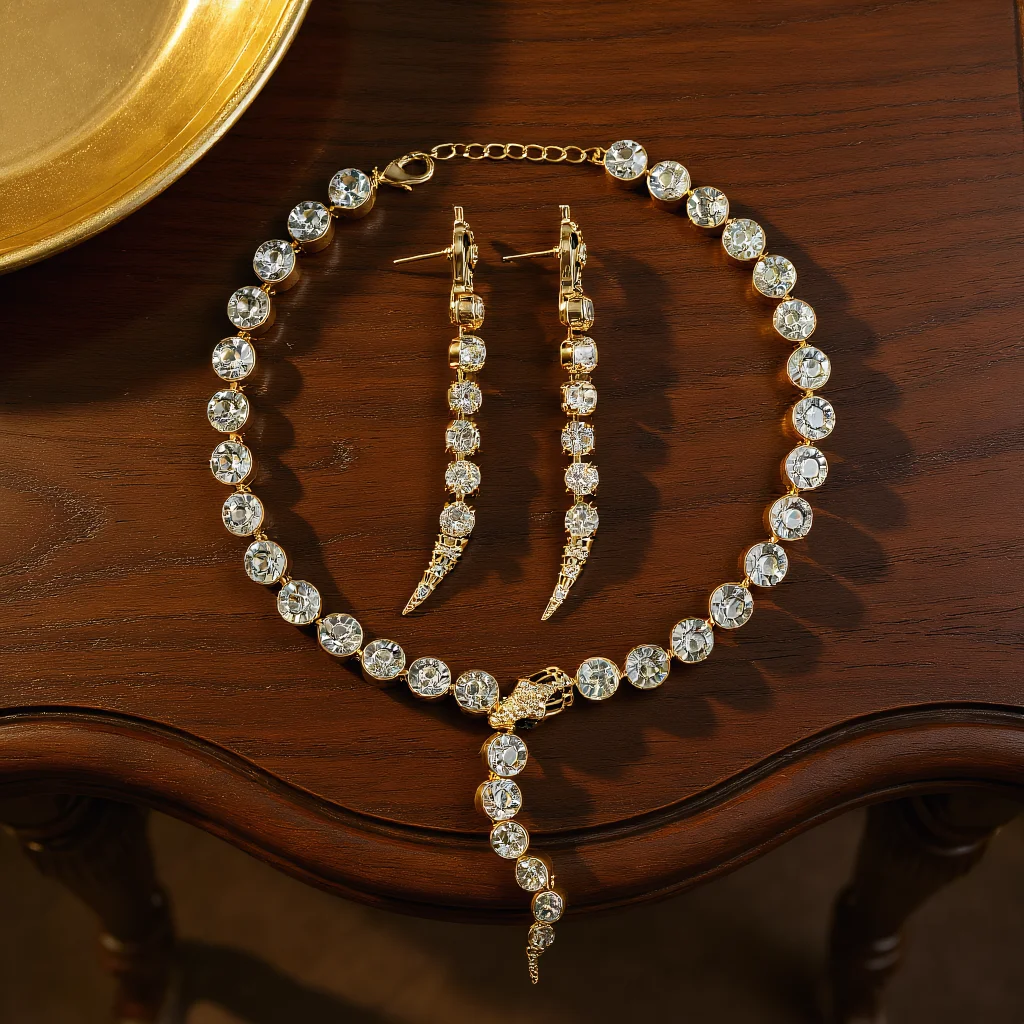 

3pcs Elegant Vintage Jewelry Set for Women Snake Shape Necklace Retro Shiny Crystal Choker Bridal Wedding Earrings Party
