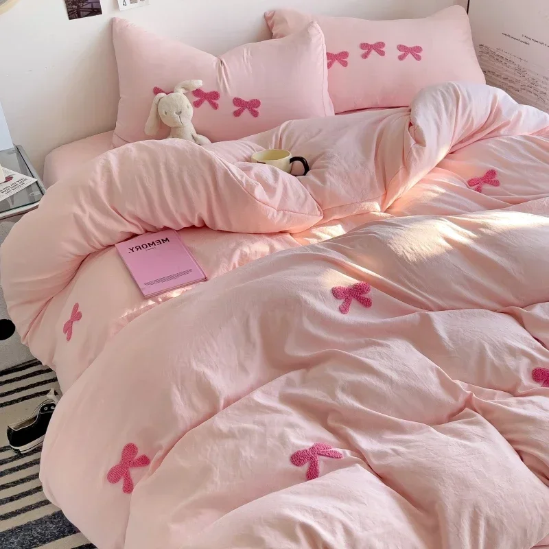 Cute Pink Bows Duvet Cover Set, 3D Embroidery Bedding Sets Pink Bed Set, Comfy Queen Comforter Covers Soft for Girls Kids Teens