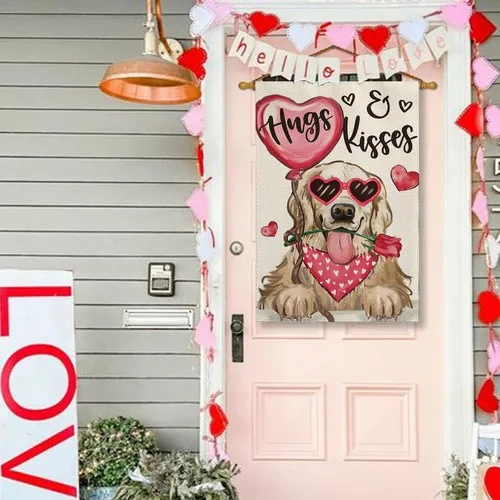 Valentines Day Dog House Flag 28x40 In Golden Retriever Hugs Kisses Double Sided OOV IIC