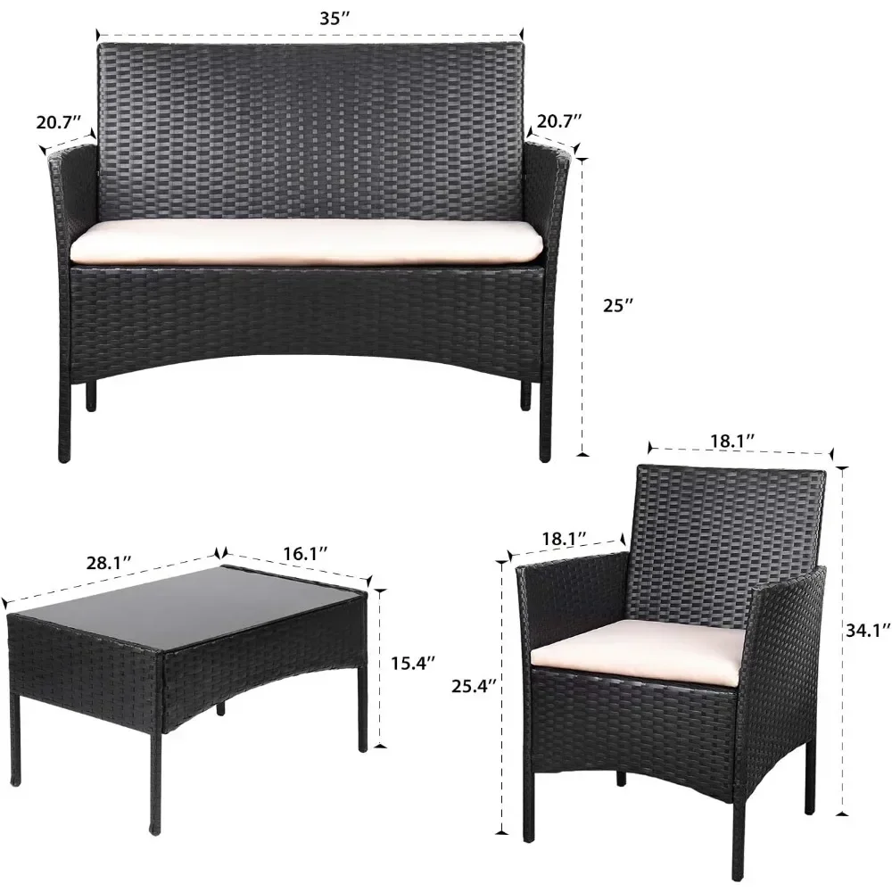 Wicker Pátio Rattan Cadeira Set, mobiliário de jardim, uso exterior e interior, varanda do quintal, piscina Varanda Móveis, 4 PCs