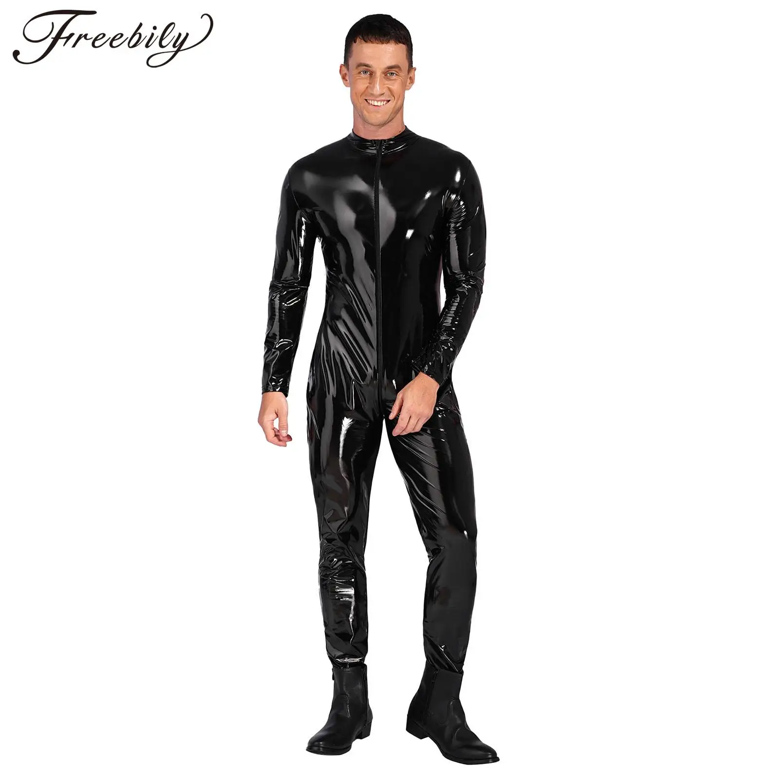 

Men Wetlook Patent Leather Zipper Open Crotch PVC Bodysuit Gay Hot Lingerie Latex Catsuit Fetish Wear Sexy Party Clubwear