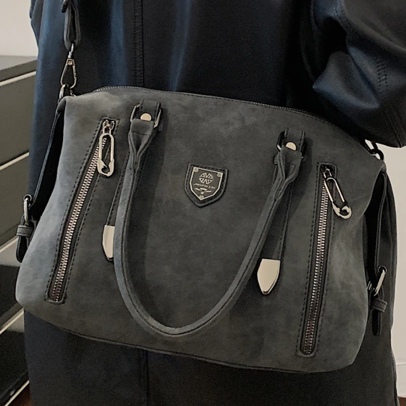 Damska Retro zamszowa torba na ramię wysokiej jakości nubukowa skóra Ladys duża torba na zakupy kobiece estetyczne torby Crossbody Boston