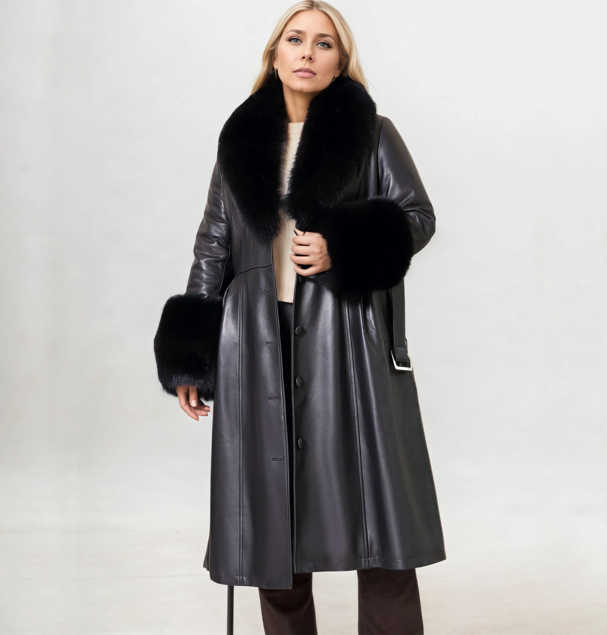 Damen-Jacke aus echtem Schaffell-Leder, langer Leder-Trenchcoat mit echtem Fuchspelzkragen und Ärmelbündchen