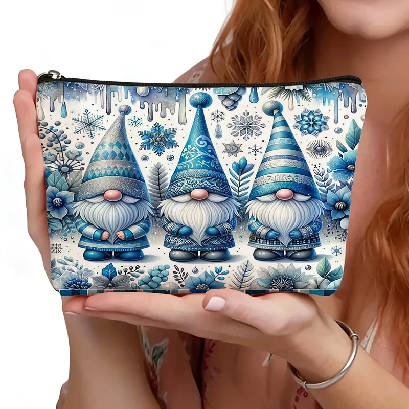 Blue Christmas Gnome Cosmetic Bag Zipper Makeup Pouch Portable Storage Purse Winter Xmas Holiday Gift for Women