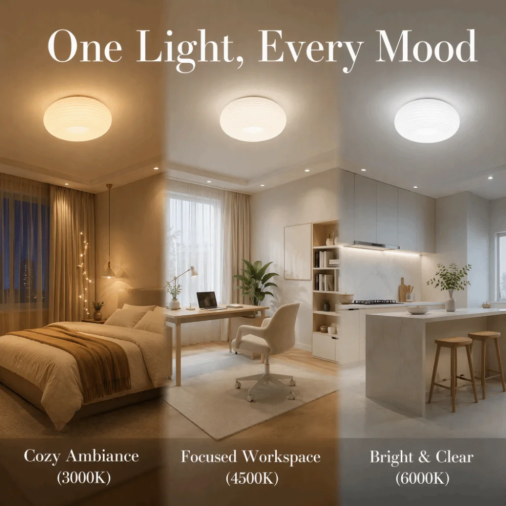 110-220V Flush Mount Ceiling Light Color Temperature Adjustable 24W LED Ceiling Lamp Round Shape Milk Ribbed Shade