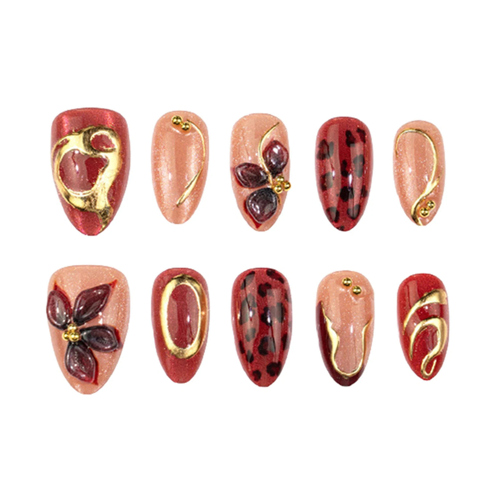 Resin Press on Nails for Party Women 3D Floral Leopard Cat-Eye Almond False Nails Gilded Glitter Artificial Nail Set