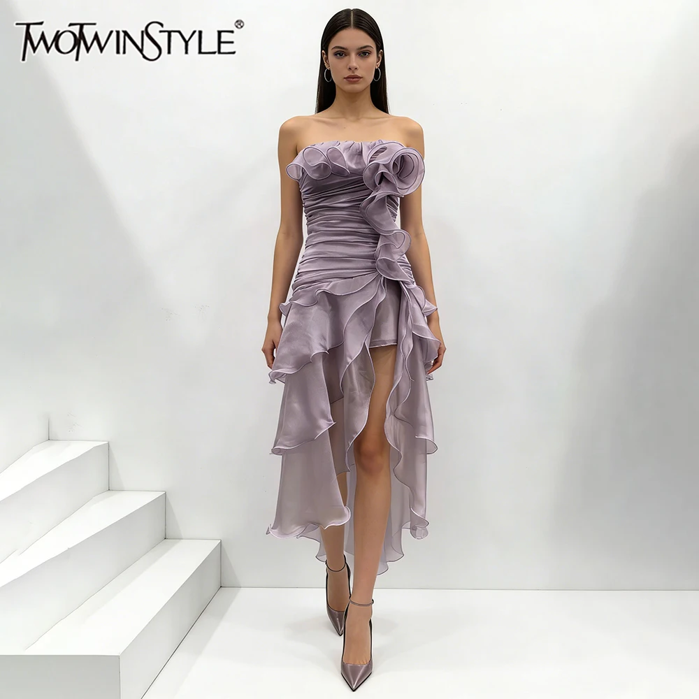 TWOTWINSTYLE, vestidos adelgazantes empalmados con volantes y pliegues a la moda para mujer, vestido Irregular de cintura alta sin tirantes sin mangas, nuevo para mujer