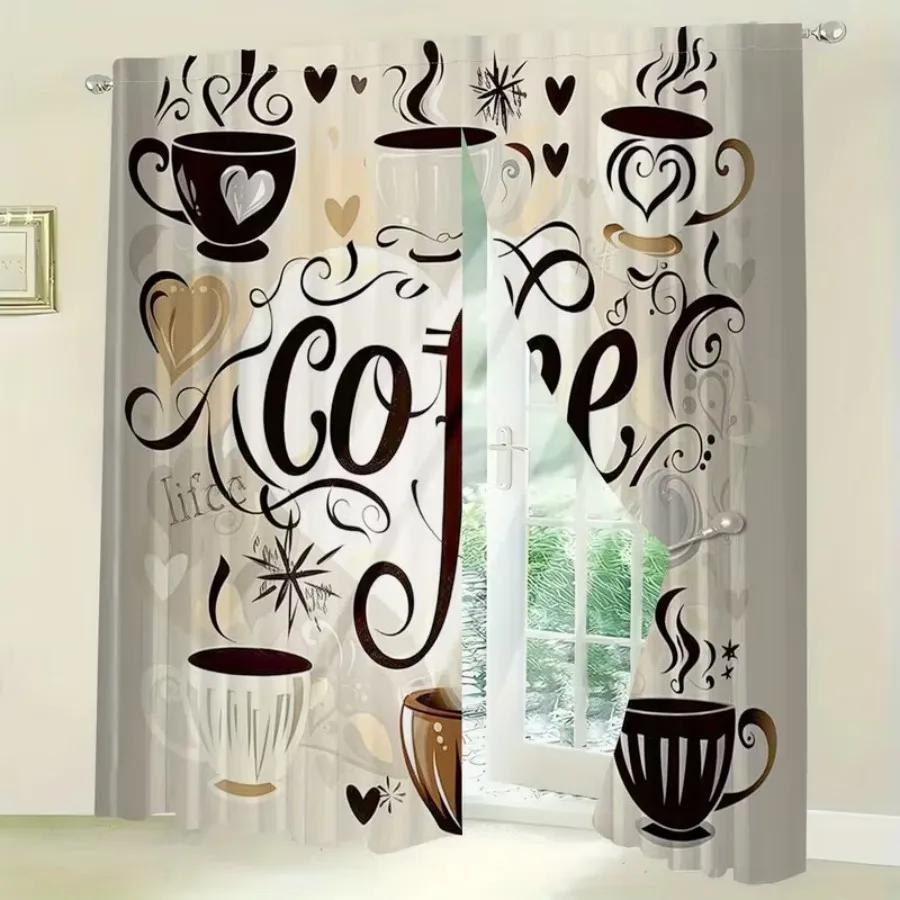 2 PCS Retro Coffee Cup Curtains, American Vintage Style Window Drapes for Living Room Bedroom Home Decor Polyester Rod Pocket