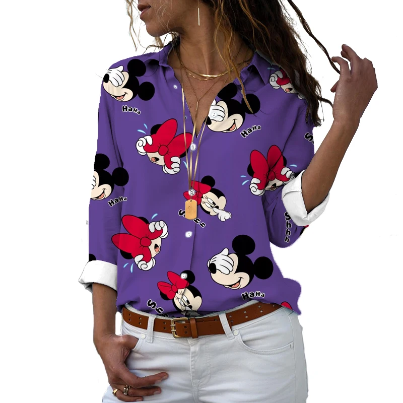 

New 2025 Disney Women's Shirt 3D Printed Women's Button Long Sleeve Lapel Mickey Minnie Casual Shirt Magic Kingdom Shirt Mickey