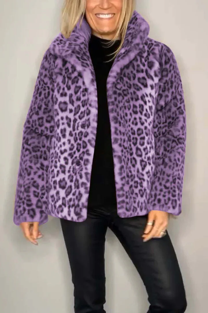 2025 Autumn and Winter Fashion Leopard Print Lapel Faux Fur Women's Short Jacket