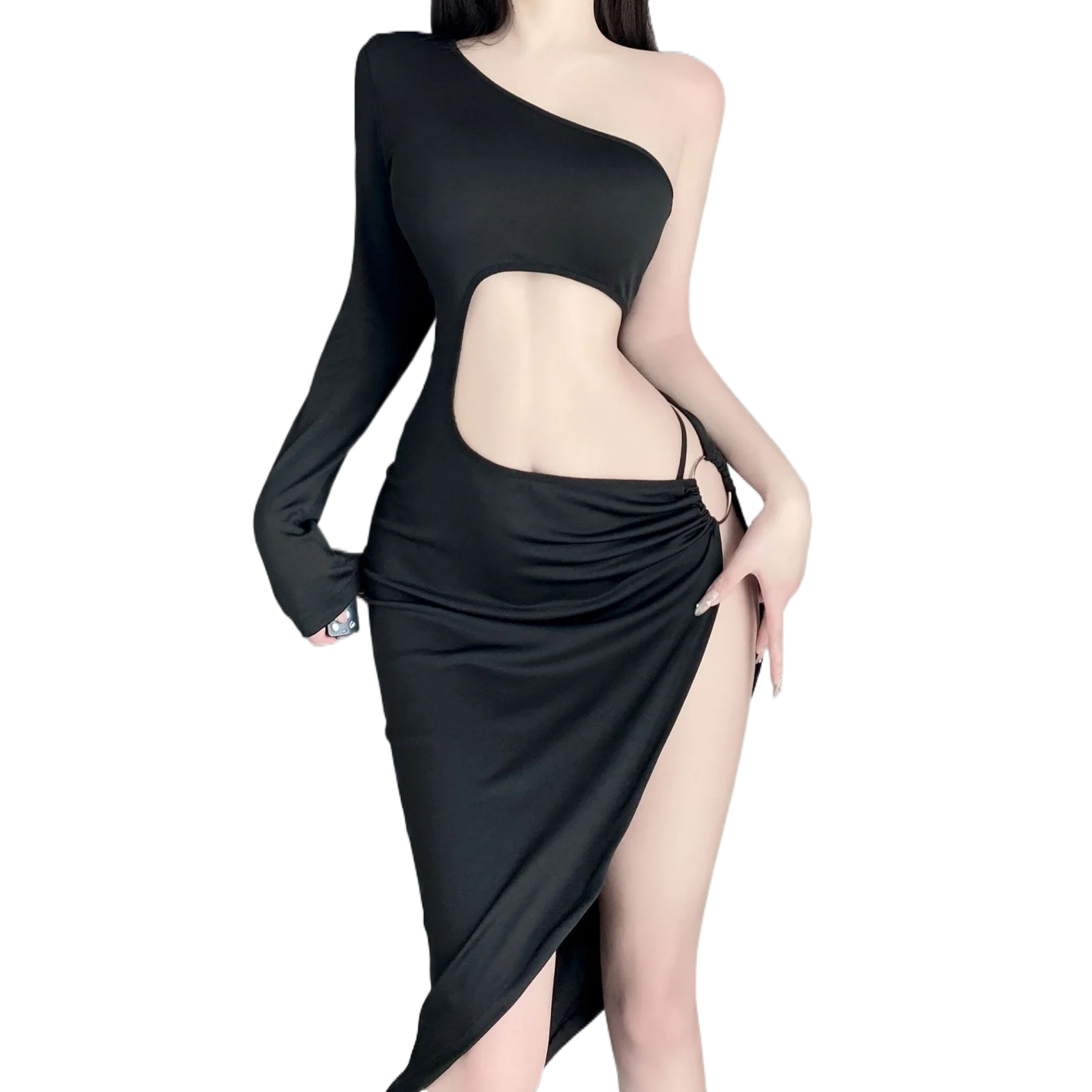 

Sexy Solid Color Spicy Girl With High Split Exposed Legs Slim Hollow Out Waist Exposed Irregular Mid Length Dress Elegant YDNG