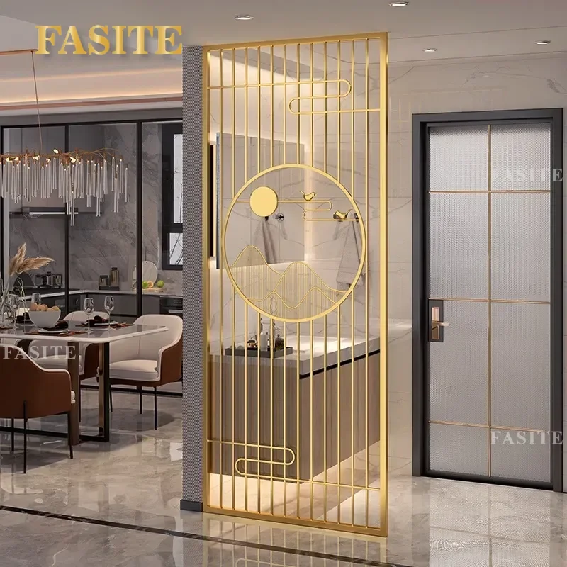 For New Chinese Style Stainless Steel Screen Partition Hollow Carved Grille Room Divider Background Wall for Home Tea Room