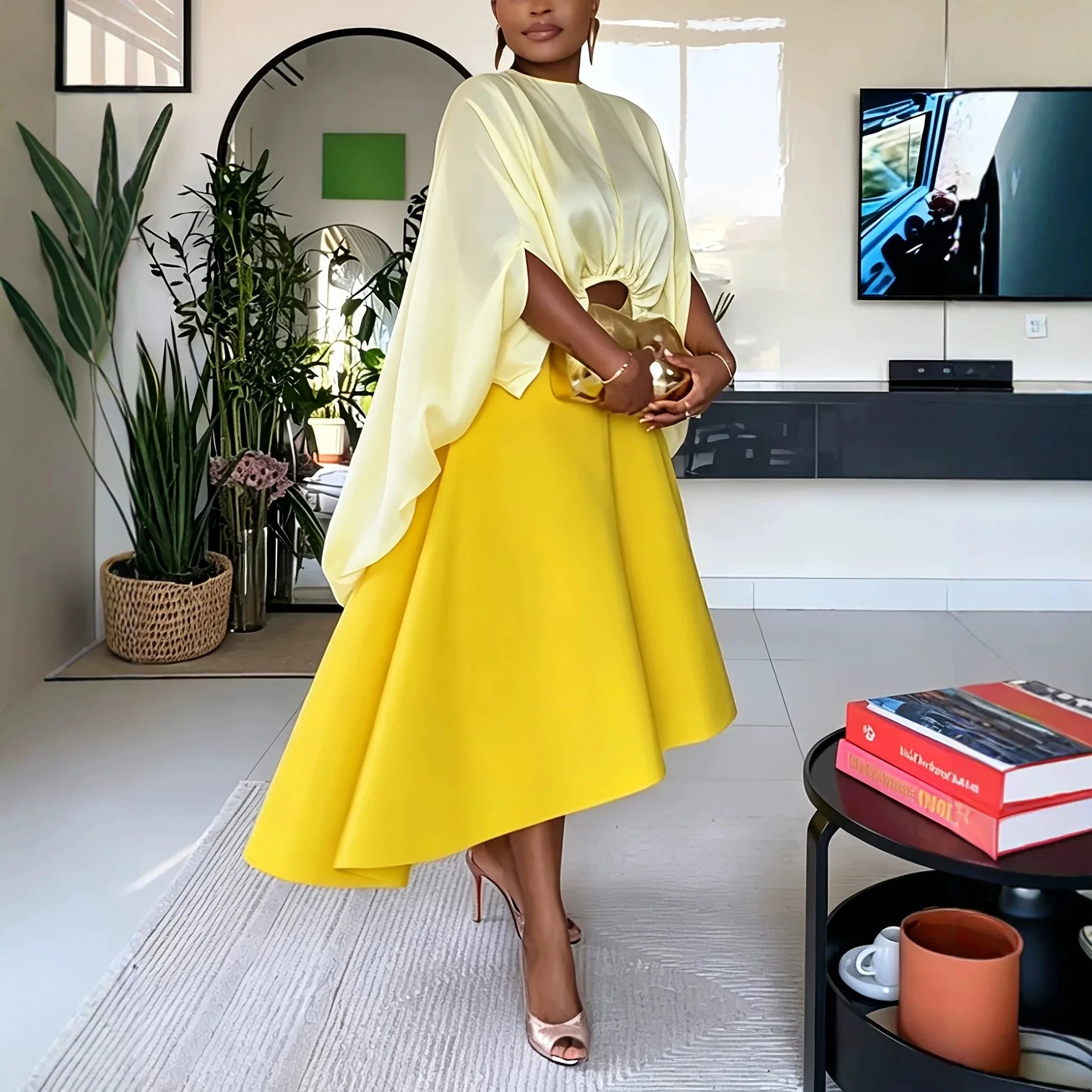 Women Satin Two Piece Outfit Set Batwing Sleeve Cutout Crop Top and Asymmetric Midi Skirt  Pockets Elegant Matching Set image 2