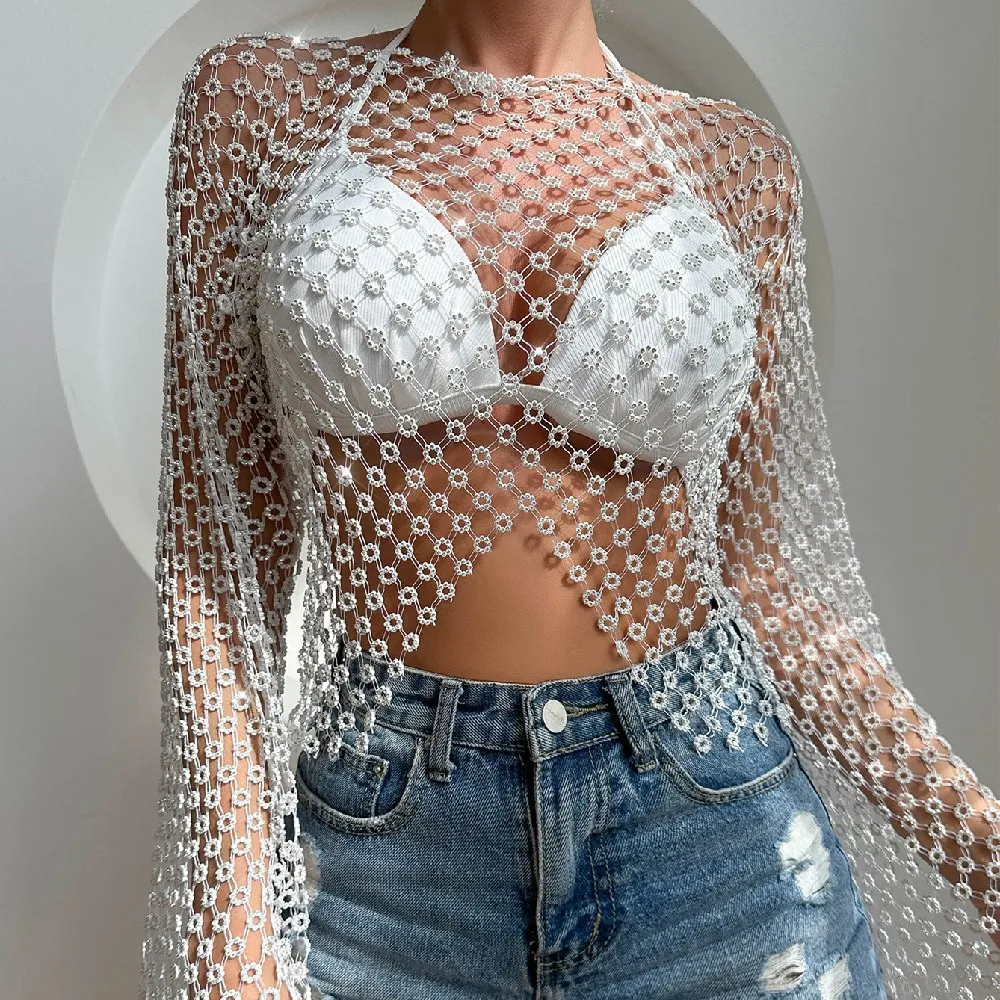 

Shiny Rhinestones Fishing Net Vest for Women 2023 Trendy Sexy Hollow out Short Long sleeves Top Nightclub Party Shirt